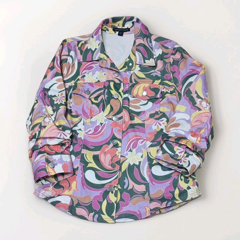 Boston Proper Woman Medium Ruched Sleeve Denim Jacket Pastel Floral Print